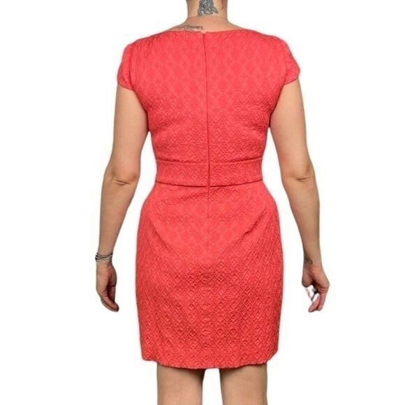 Kay Unger Deep Coral Textured Gold Belted Dress - Picture 3 of 16